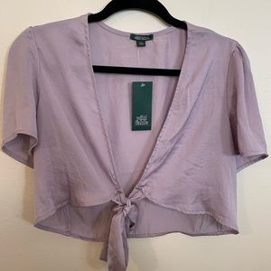 Cropped tie front satin top